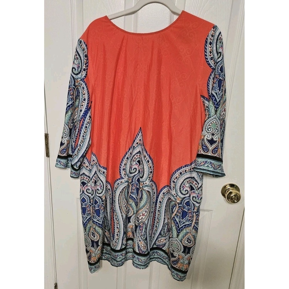 Gibson Latimer Boho Paisley Border Shift Dress Coral Size XL Made in USA